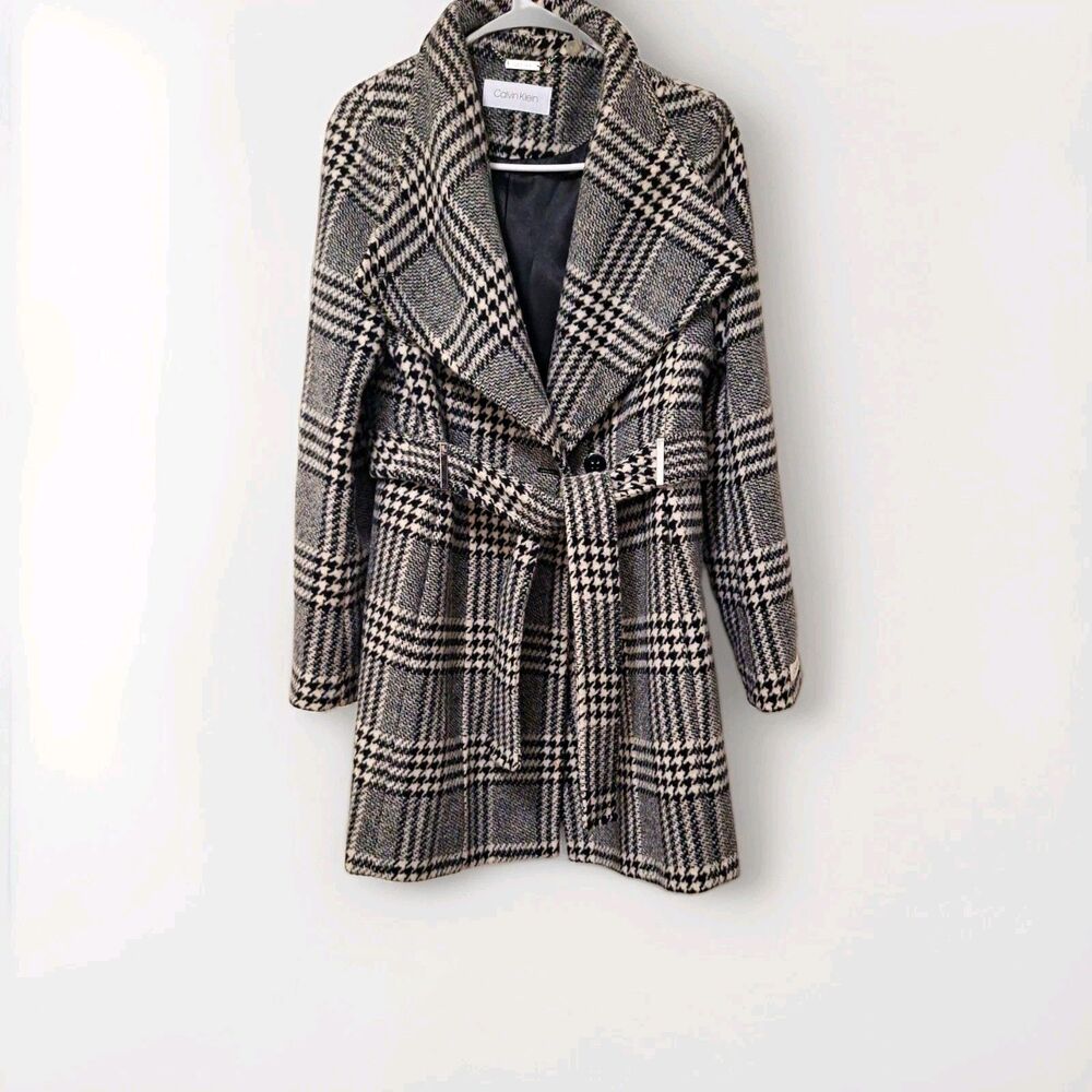 Calvin Klein Houndstooth Plaid Wool Blend Wrap Coat Belted Womens Size Small